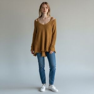 Free People Cold Shoulder Waffle Knit Tunic Sweater Mustard Boho Distressed Hem